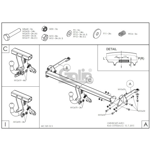 C070C GALIA Полностью оцинкованный фаркоп на Chevrolet Aveo хетчбек 2011-2015. Подрозетник убирается за бампер. Тип шара: C (горизонтальный съемный). Невидимый вырез бампера. Нагрузки: 1200/50 кг, масса фаркопа 15,17 кг