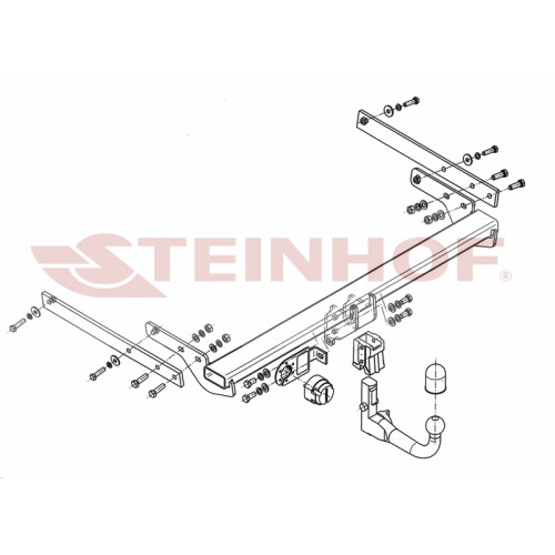 F-256 STEINHOF Фаркоп на Ford Kuga II 2013-2019, Ford Escape (USA) 2013-2019. Требуется подрезка бампера. Тип шара: AV (вертикальное быстросъемное крепление шара на ключе). Нагрузки: 2100/105 кг, масса фаркопа 21,7 кг (без электрики в комплекте)