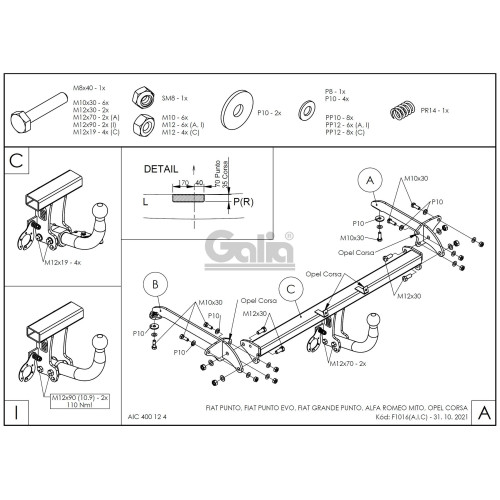F101C GALIA Полностью оцинкованный фаркоп на Opel Corsa D 2006-2014, FIAT Grande Punto 2005-2010, Grande Punto Evo 2005-2010, Alfa Romeo MiTo 2008-2018. Подрозетник убирается за бампер. Тип шара: C (горизонтальный съемный). Невидимый вырез бампера. Нагруз