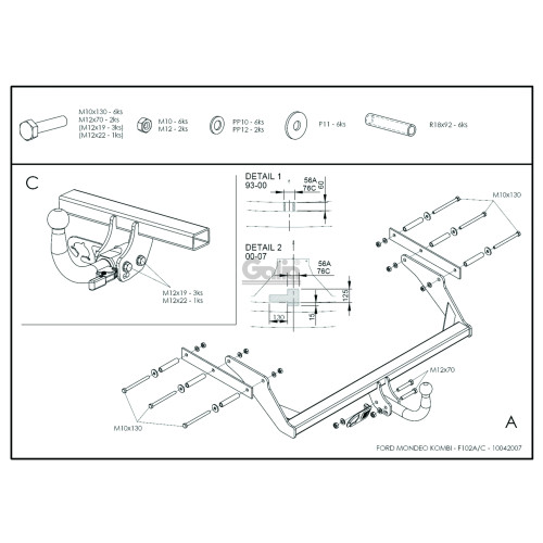 F102A GALIA Полностью оцинкованный фаркоп на Ford Mondeo универсал 1993-2006. Тип шара: A. Подрезка бампера. Нагрузки: 1800/75 кг, масса фаркопа 17,22 кг