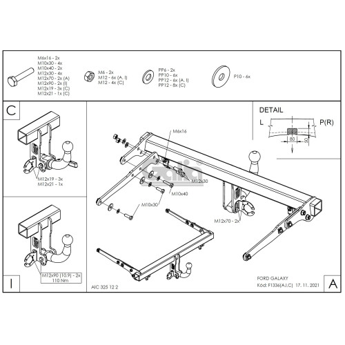 F133C GALIA Полностью оцинкованный фаркоп на Ford Galaxy 2015-2022, Ford S-MAX 2015-2023. Тип шара: C (горизонтальный съемный). Невидимый вырез бампера. Нагрузки: 2000/90 кг, масса фаркопа 17,17 кг