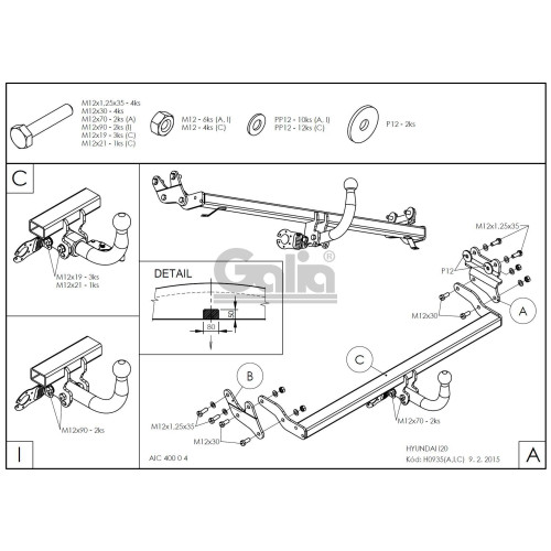 H093A GALIA Полностью оцинкованный фаркоп на Hyundai i20 2014-2020. Тип шара: A. Невидимый вырез бампера. Нагрузки: 1200/75 кг, масса фаркопа 15,02 кг