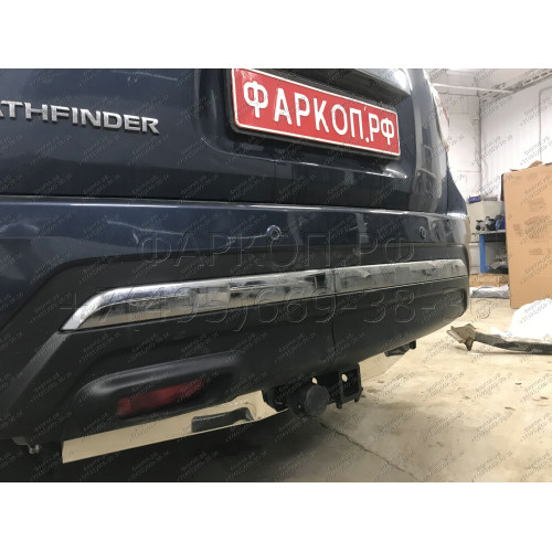 FA 0854-E(N) Бизон Фаркоп с хромированной накладкой на Nissan Pathfinder R52 2014-2021 без подрезки бампера. Тип шара: E (легкосъемный шар под квадрат). Нагрузки: 3200/120 кг. Не комплектуется электрикой