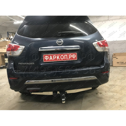 FA 0854-E(N) Бизон Фаркоп с хромированной накладкой на Nissan Pathfinder R52 2014-2021 без подрезки бампера. Тип шара: E (легкосъемный шар под квадрат). Нагрузки: 3200/120 кг. Не комплектуется электрикой