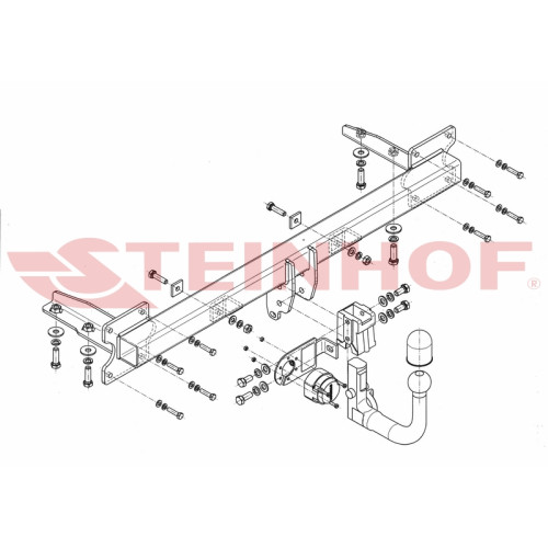 K-011 STEINHOF Фаркоп на Kia Carnival 1999-2006. Требуется подрезка бампера. Тип шара: AV (вертикальное быстросъемное крепление шара на ключе). Нагрузки: 2100/80 кг, масса фаркопа 19,7 кг (без электрики в комплекте)