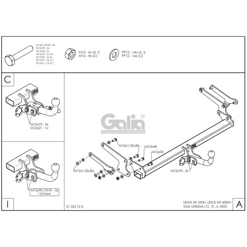 L030A GALIA Полностью оцинкованный фаркоп на Lexus NX350H 2022-, Lexus NX450H 2022-. Тип шара: A. Установка без снятия и выреза бампера. Нагрузки: 1600/100 кг, масса фаркопа 16,22 кг