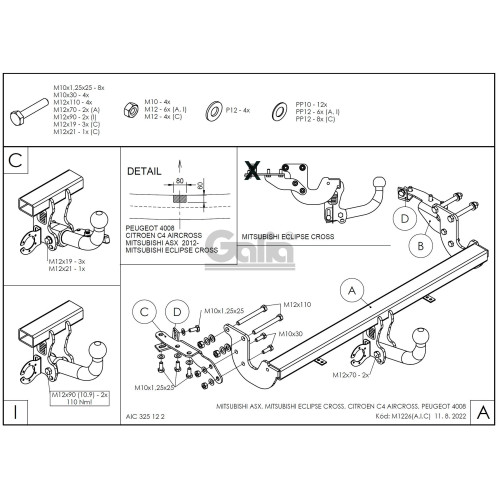 M122C GALIA Полностью оцинкованный фаркоп на Mitsubishi Eclipse Cross 2018-, Mitsubishi ASX 2010-2022 (без подрезки бампера), Citroen C4 Aircross 2012-2016, Peugeot 4008 2012-2016 (с невидимой подрезкой бампера). Тип шара: C (горизонтальный съемный). Нагр