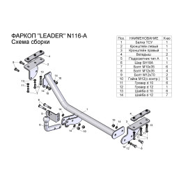 N116-A Лидер-плюс ТСУ для Nissan Juke только 2WD, кроме авто с двигателем 1.6 Turbo 2011-2019 без выреза бампера. Нагрузки: 1100/75 кг, масса фаркопа 14,24 кг (без эле