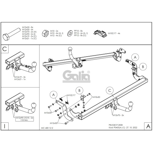 P045A GALIA Полностью оцинкованный фаркоп на Peugeot 2008 2013-2019. Тип шара: A. Установка без снятия и выреза бампера. Нагрузки: 1400/60 кг, масса фаркопа 16,01 кг