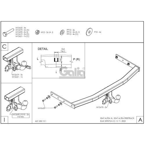 S092C GALIA Полностью оцинкованный фаркоп на SEAT Altea 2004-2015, в т.ч. Altea Freetrack / Altea XL. Тип шара: C (горизонтальный съемный). Подрезка бампера. Нагрузки: 1650/75 кг, масса фаркопа 18,36 кг