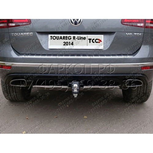 TCU00035 ТСС Фаркоп на Volkswagen Touareg, в т.ч. R-Line 2014-2018 без подрезки бампера. Тип шара: E (шаровый узел под американский квадрат). Нагрузки: 3500/100 кг