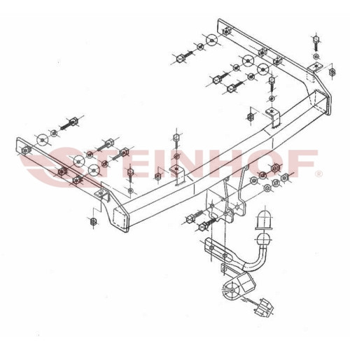 V-135 STEINHOF Фаркоп на Ford Galaxy 1995-04/2000, Seat Alhambra 1995-04/2000, Volkswagen Sharan 1995-04/2000. Требуется подрезка бампера. Тип шара: A. Нагрузки: 2100/85 кг, масса фаркопа 17,2 кг (без электрики в комплекте)