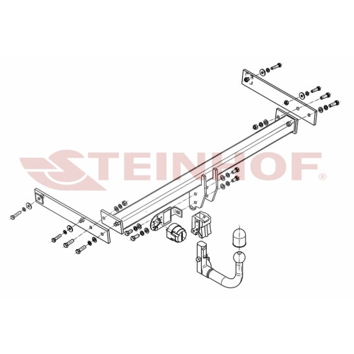 V-138 STEINHOF Фаркоп на Seat Alhambra 2010-2012, Volkswagen Sharan 2010-2012. Требуется подрезка бампера. Тип шара: AV (вертикальное быстросъемное крепление шара на ключе). Нагрузки: 2500/100 кг, масса фаркопа 24,1 кг (без электрики в комплекте)