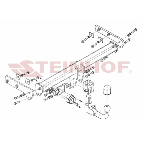 V-295 STEINHOF Фаркоп на Volvo XC70 2007-2016. Требуется подрезка бампера. Тип шара: AV (вертикальное быстросъемное крепление шара на ключе). Нагрузки: 2100/85 кг, масса фаркопа 20,2 кг (без электрики в комплекте)