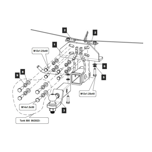 289204 TOWRUS Фаркоп на Tank 500 2022-, Haval H9 2024-, Haval H5 2023-. Необходима подрезка бампера. Тип шара: EA (E с антистуком). Нагрузки: 2500/120 кг, масса фаркопа 11,7 кг (без электрики в комплекте)