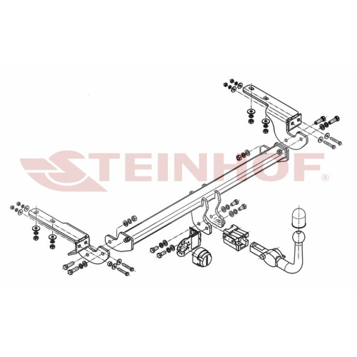 C-048 STEINHOF Фаркоп на Citroen DS4 2011-2018. Требуется подрезка бампера. Тип шара: AH (горизонтальное быстросъемное крепление шара на ключе). Нагрузки: 1750/75 кг, масса фаркопа 19,7 кг (без электрики в комплекте)