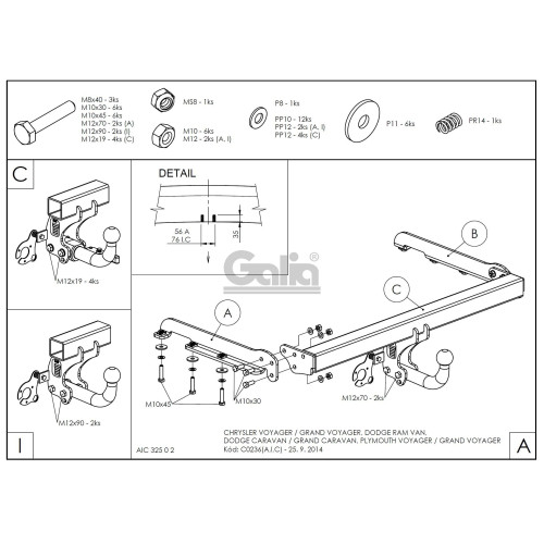 C023C GALIA Полностью оцинкованный фаркоп на Chrysler Grand Voyager IV 2001-2007, Dodge Caravan IV 2001-2007 2WD, 4WD - только 5-местную модель (не подходит на Stow n Go). Подрозетник убирается за бампер. Тип шара: C (горизонтальный съемный). Невидимый вы