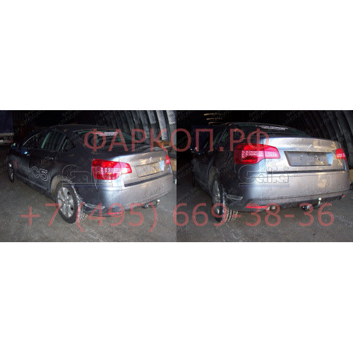 C055A GALIA Полностью оцинкованный фаркоп на Citroen C5 III седан 2008-2017, Peugeot 407 седан 2004-2010. Только для моделей с одной трубой глушителя. для Peugeot 407 2008 год - необходима подрезка в нижней части бампера. Подрозетник убирается за бампер. 