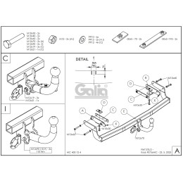F073A GALIA Полностью оцинкованный фаркоп на FIAT Stilo хетчбек 3/5 дверей 2001-2007. Тип шара: A. Невидимый вырез бампера. Нагрузки: 1300/60 кг, масса фаркопа 17 
