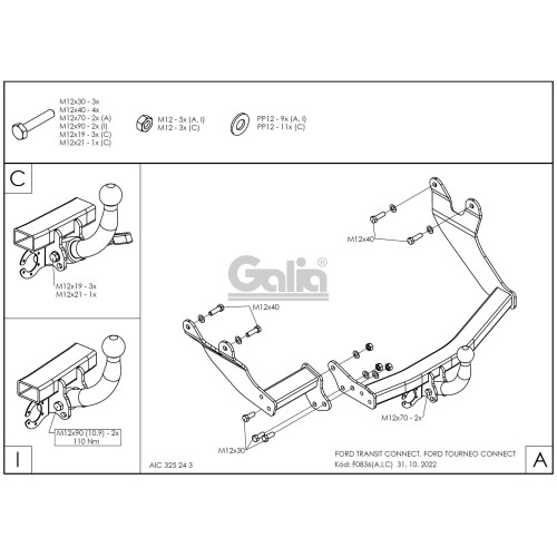 F083C GALIA Полностью оцинкованный фаркоп на Ford Tourneo Connect 2002-2014, Transit Connect 2002-2014. Тип шара: C (горизонтальный съемный). Установка без снятия и выреза бампера. Нагрузки: 1200/75 кг, масса фаркопа 16,37 кг