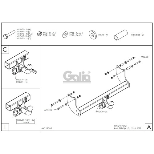 F116A GALIA Полностью оцинкованный фаркоп на Ford Transit шасси 2000-2014. Тип шара: A. Установка без выреза бампера. Нагрузки: 3000/120 кг, масса фаркопа 14,82 кг