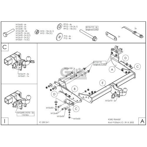 F125A GALIA Полностью оцинкованный фаркоп на Ford Tourneo 2013-, Ford Transit 2013-. Тип шара: A. Установка без снятия и выреза бампера. Нагрузки: 3500/140 кг, масса фаркопа 20,02 кг