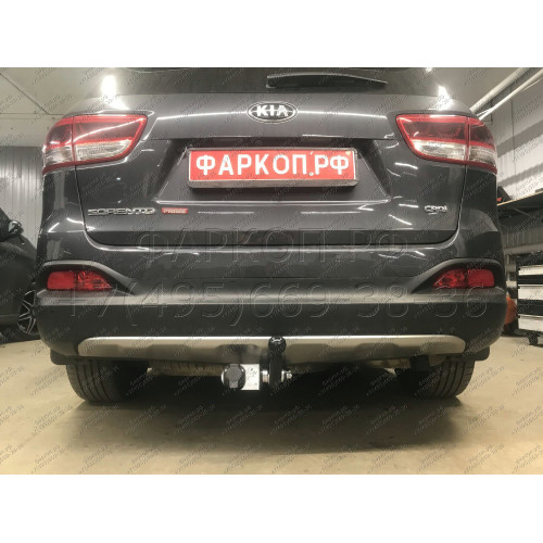 K121-A Лидер-плюс ТСУ для Kia Sorento Prime дорестайл 2015-2018 (дизель, бензин), Hyundai Santa Fe 2015-2018 (дизель). Требуется подрезка бампера. Нагрузки: 1300/75 кг, масса фаркопа 18,42 кг (без электрики в комплекте)