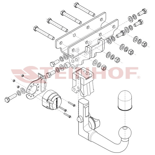 J-080 STEINHOF Фаркоп на Jeep Gladiator 01/2020- без снятия и подрезки бампера. Тип шара: AV (вертикальное быстросъемное крепление шара на ключе). Нагрузки: 3500/180 кг, масса фаркопа 4,82 кг (без электрики в комплекте)