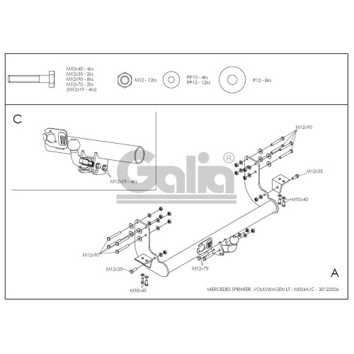 M034C GALIA Полностью оцинкованный фаркоп на Mercedes Sprinter Classic 2013-2020, Mercedes Sprinter 1995-2006, Volkswagen LT 1995-2006. Особенности: Колесная база 3550 (средняя база) и 4025 (длинная база), без ступеньки. Тип шара: C (горизонтальный съемны
