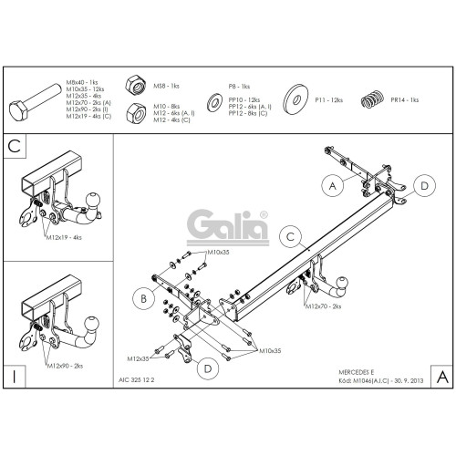M104A GALIA Полностью оцинкованный фаркоп на Mercedes E-Class w211 седан 2002-2009. Подрозетник убирается за бампер. Тип шара: A. Без выреза бампера. Нагрузки: 2200/90 кг, масса фаркопа 18,02 кг