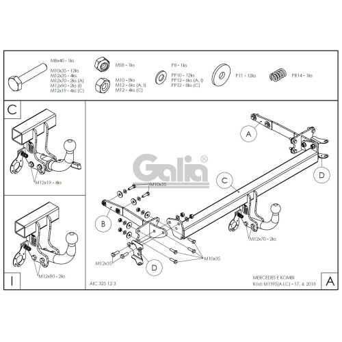 M139A GALIA Полностью оцинкованный фаркоп на Mercedes E-Class s211 универсал, в т.ч. 4WD 2002-2009. Подрозетник убирается за бампер. Тип шара: A. Установка без выреза бампера. Нагрузки: 2100/100 кг, масса фаркопа 18,6 кг