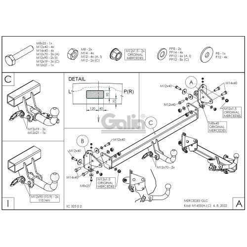 M145C GALIA Полностью оцинкованный фаркоп на Mercedes GLC-Class x253 2015-2022, Mercedes GLC-Class Coupe C253 2016-2022. Тип шара: C (горизонтальный съемный) Невидимый вырез бампера. Нагрузки: 2500/120 кг, масса фаркопа 18,87 кг