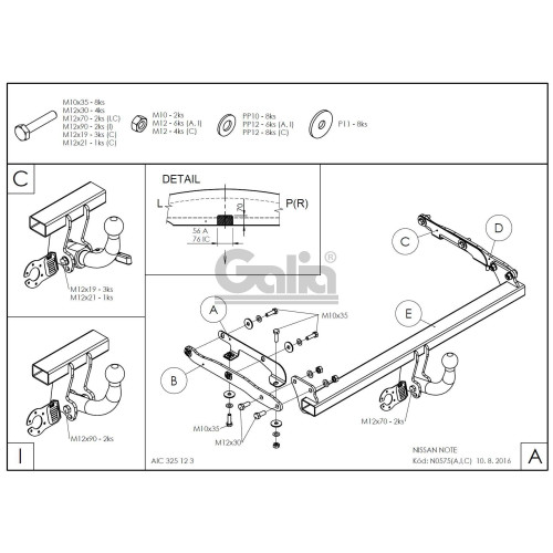 N057A GALIA Полностью оцинкованный фаркоп на Nissan Note 2013-2020. Тип шара: A. Невидимый вырез бампера. Нагрузки: 1000/50 кг, масса фаркопа 13,02 кг