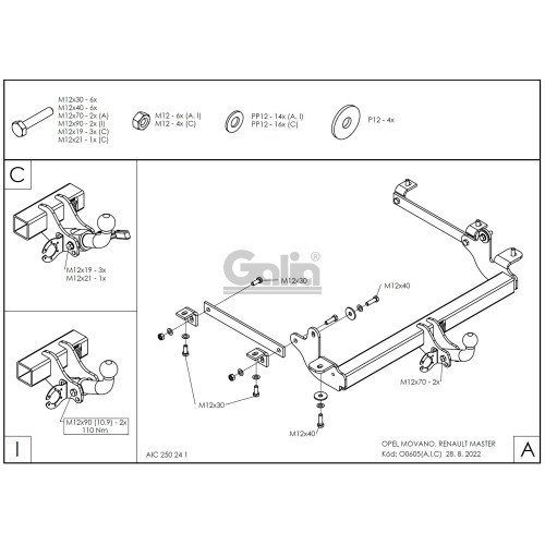 O060A GALIA Полностью оцинкованный фаркоп на Renault Master 2010-, Opel Movano B 2010-2021, Nissan NV400 2011-2021, Nissan Interstar 2022- фургон без ступеньки, передний привод, кроме двухскатных авто. Тип шара: A. Установка без снятия и выреза бампера. Н