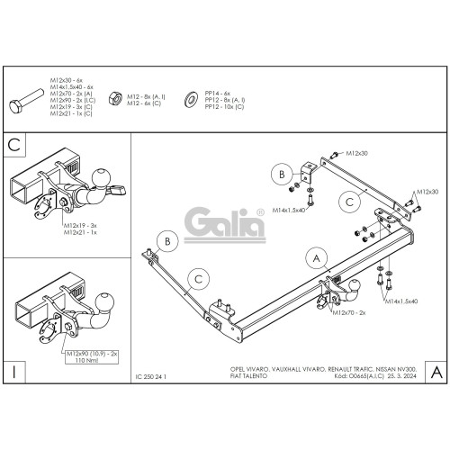 O066A GALIA Полностью оцинкованный фаркоп на Renault Trafic 2014-, Opel Vivaro 2014-2018, FIAT Talento 2016-2020, Nissan NV300 L1,L2 2016-. Тип шара: A. Установка без снятия и выреза бампера. Нагрузки: 2500/120 кг, масса фаркопа 19,42 кг
