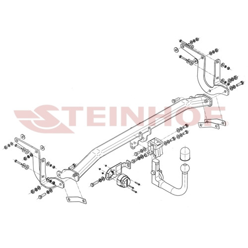 P-057 STEINHOF Фаркоп на Peugeot 308 универсал 2014-2021. Требуется подрезка бампера. Тип шара: AV (вертикальное быстросъемное крепление шара на ключе). Нагрузки: 1600/75 кг, масса фаркопа 21 кг (без электрики в комплекте)