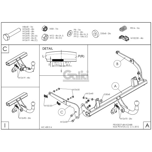 P014A GALIA Полностью оцинкованный фаркоп на Peugeot 406 универсал 1996-2004. Подрозетник убирается за бампер. Тип шара: A. Подрезка бампера. Нагрузки: 1700/80 кг, масса фаркопа 15,22 кг