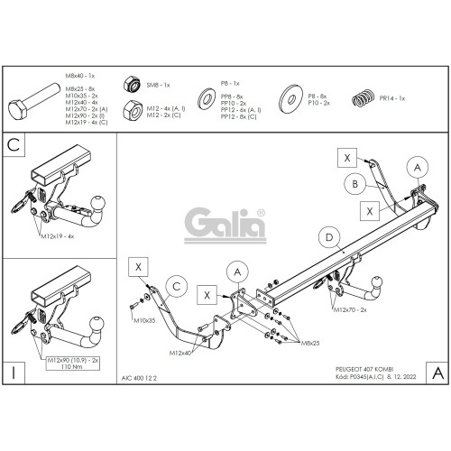 P034C GALIA Полностью оцинкованный фаркоп на Peugeot 407 универсал 2004-2008. Тип шара: C (горизонтальный съемный). Без выреза бампера. Нагрузки: 1900/80 кг, масса фаркопа 19,86 кг