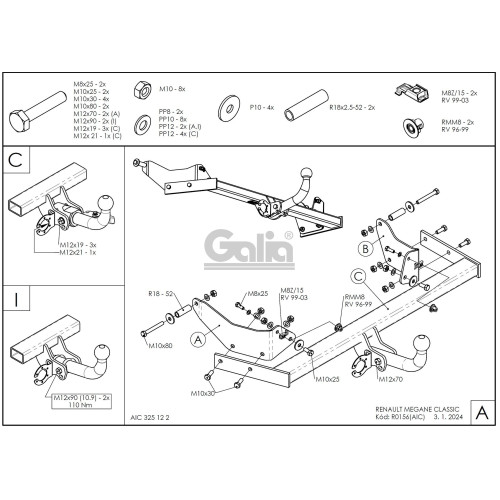 R015C GALIA Полностью оцинкованный фаркоп на Renault Megane I седан 1996-2003. Тип шара: C (горизонтальный съемный). Установка без снятия и выреза бампера. Нагрузки: 1350/65 кг, масса фаркопа 15,6 кг
