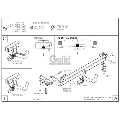 R093A GALIA Полностью оцинкованный фаркоп на Land Rover Range Rover Evoque 2011-2019. Тип шара: A. Невидимый вырез бампера. Нагрузки: 2000/125 кг, масса фаркопа 14,72 кг
