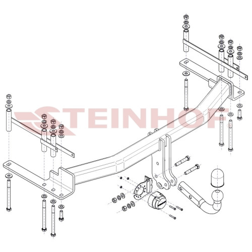 S-485 STEINHOF Фаркоп на SsangYong Rexton 2WD / 4WD (кроме версии с полноразмерной запаской) (в т.ч. версии с AdBlue) дорестайлинг 2017-2020 без подрезки бампера. Тип шара: A. Нагрузки: 3500/140 кг, масса фаркопа 20,8 кг (без электрики в комплекте)