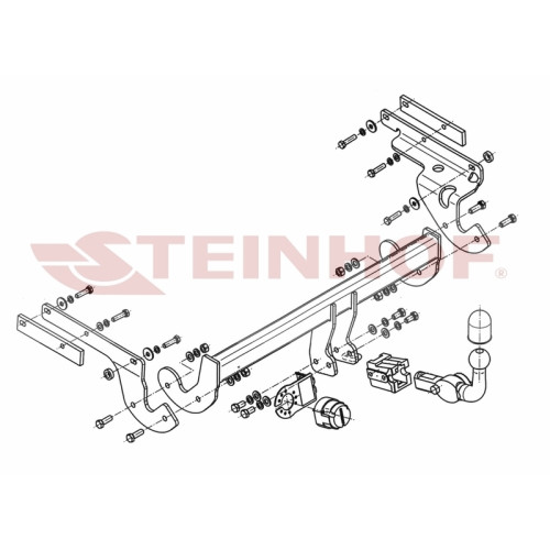 T-228 STEINHOF Фаркоп на Toyota Yaris хетчбек 3/5 дверей (P13) 10/2011-2014. Требуется подрезка бампера. Тип шара: AH (горизонтальное быстросъемное крепление шара на ключе). Нагрузки: 1150/50 кг, масса фаркопа 19,4 кг (без электрики в комплекте)