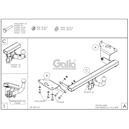 T056A GALIA Полностью оцинкованный фаркоп на Toyota Auris хетчбек 2007-2013, 2013-2018. Тип шара: A. Установка без снятия и выреза бампера. Нагрузки: 1600/75 кг, масса фаркопа 15,5 кг