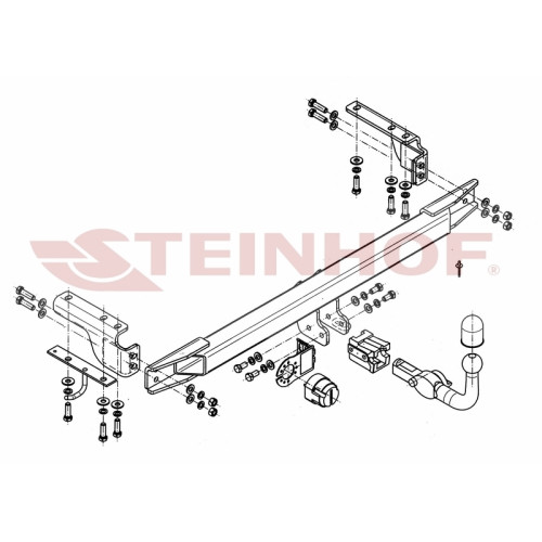 V-289 STEINHOF Фаркоп на Volvo XC70 Cross Country 2000-2007. Требуется подрезка бампера. Тип шара: AH (горизонтальное быстросъемное крепление шара на ключе). Нагрузки: 2000/80 кг, масса фаркопа 22,4 кг (без электрики в комплекте)