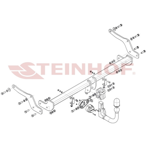 D-087 STEINHOF Фаркоп на Dacia Sandero III 2020-, Dacia Sandero Stepway III 2020-. Требуется подрезка бампера. Тип шара: AV (вертикальное быстросъемное крепление шара на ключе). Нагрузки: 1300/80 кг, масса фаркопа 21,55 кг (без электрики в комплекте)
