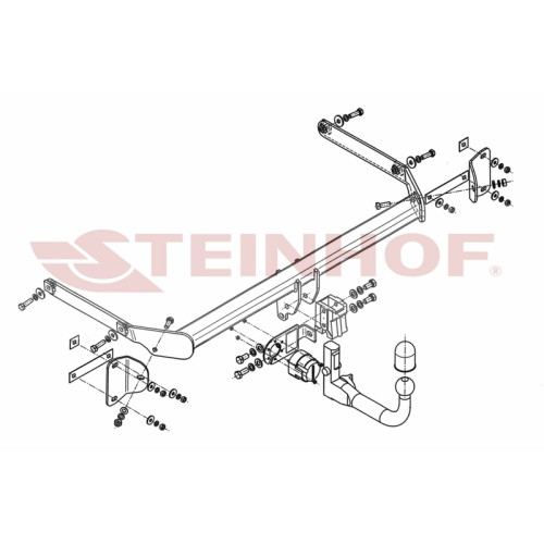 F-202 STEINHOF Фаркоп на Ford B-MAX 2012-2017 без подрезки бампера. Тип шара: AV (вертикальное быстросъемное крепление шара на ключе). Нагрузки: 1000/70 кг, масса фаркопа 18,6 кг (без электрики в комплекте)