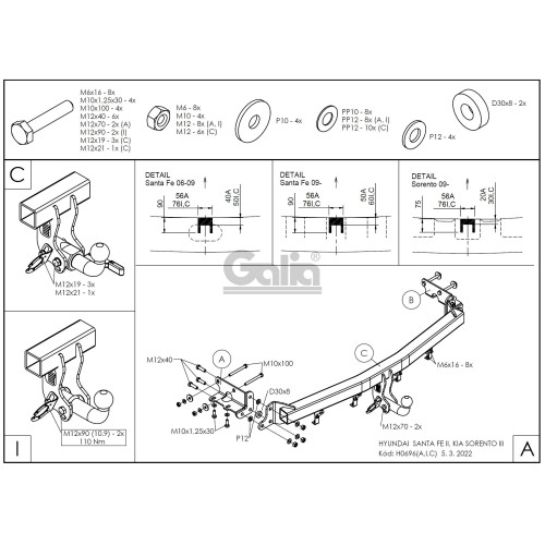 H069A GALIA Полностью оцинкованный фаркоп на Hyundai Santa Fe 2006-2012, Kia Sorento 2009-2012. Тип шара: A. Подрезка бампера. Нагрузки: 2500/100 кг, масса фаркопа 19,02 кг