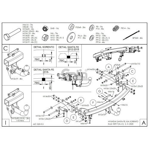 H091C GALIA Полностью оцинкованный фаркоп на Hyundai Santa Fe 2012-2018, 2018-2021, Kia Sorento 2012-2015, 2015-2020. Подрозетник убирается за бампер. Тип шара: C (горизонтальный съемный). Подрезка бампера. Нагрузки: 2600/120 кг, масса фаркопа 18,57 кг