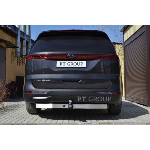 KCA-20-991124.00 PT GROUP Фаркоп с нержавеющей накладкой на Kia Carnival 2020- без подрезки бампера. Тип шара: E (легкосъемный шар под квадрат). Нагрузки: 2100/100 кг, масса фаркопа 23,5 кг (без электрики в комплекте)