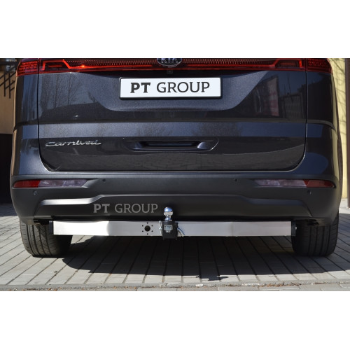 KCA-20-991124.00 PT GROUP Фаркоп с нержавеющей накладкой на Kia Carnival 2020- без подрезки бампера. Тип шара: E (легкосъемный шар под квадрат). Нагрузки: 2100/100 кг, масса фаркопа 23,5 кг (без электрики в комплекте)